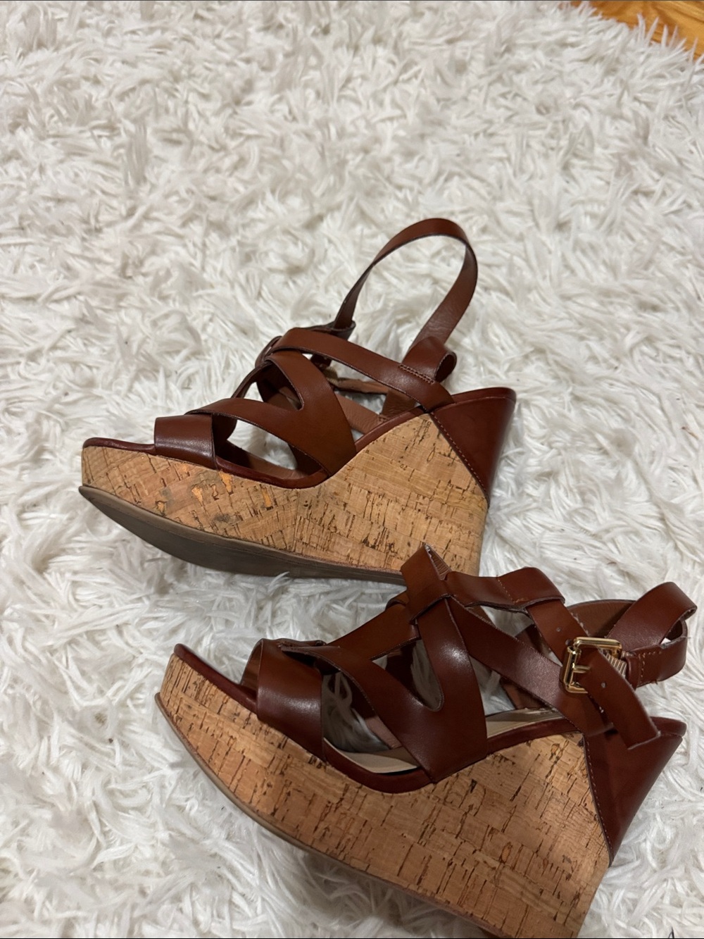 Guess Brown Strappy Wedge Sandals with Cork Heel - Picture 4 of 10